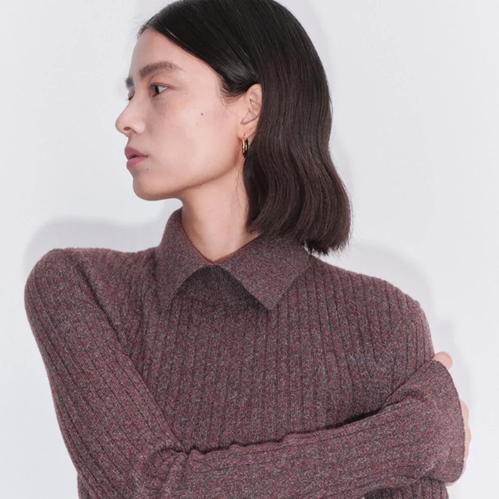 CHICJOC Retro Multi-Color Yarn Knit Sweater with Shirt Collar and Ribbed size 38